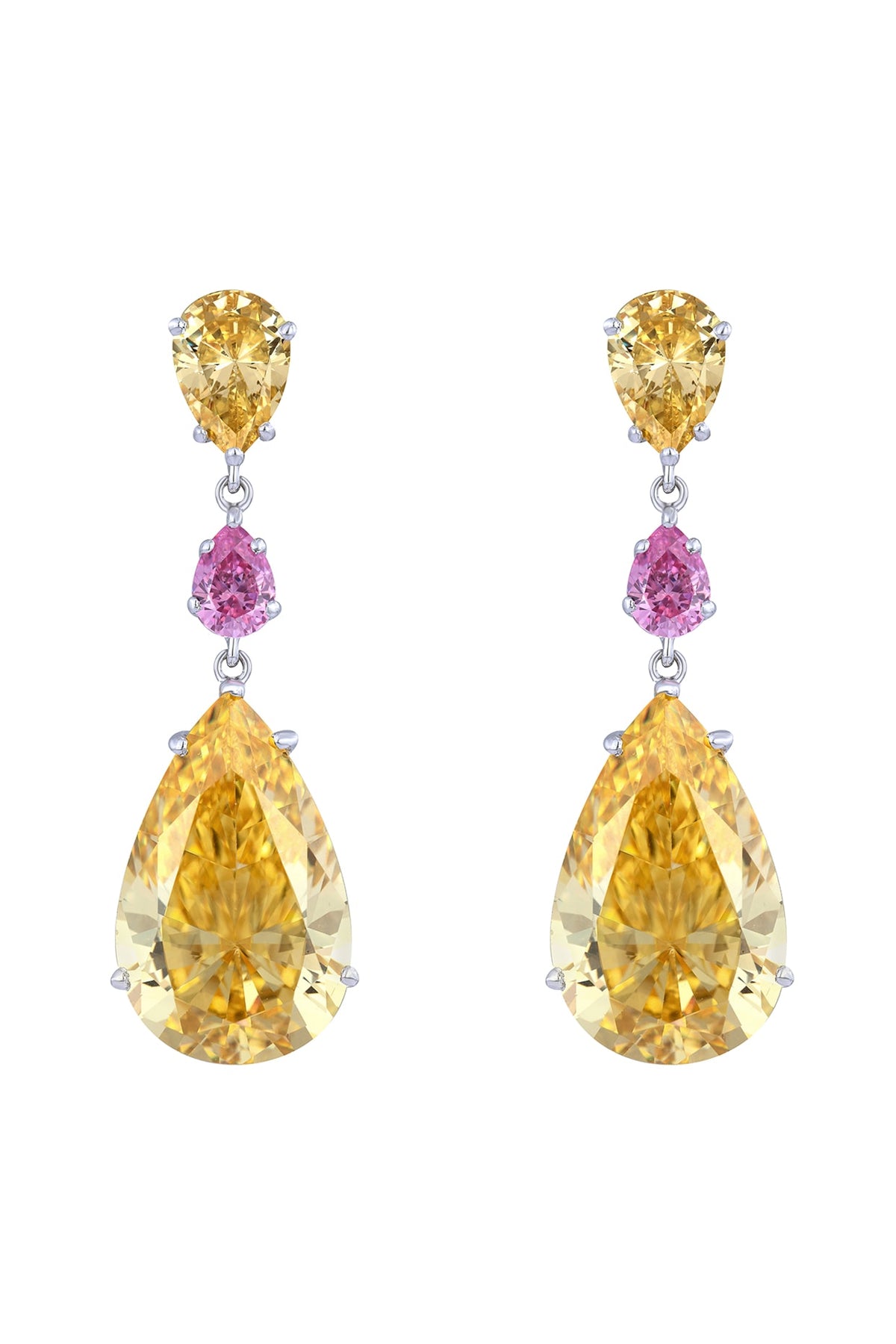 White Finish Yellow & Pink Swarovski Earrings In Sterling Silver