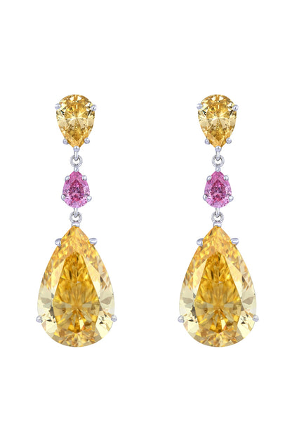 White Finish Yellow & Pink Swarovski Earrings In Sterling Silver