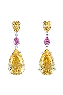 White Finish Yellow & Pink Swarovski Earrings In Sterling Silver