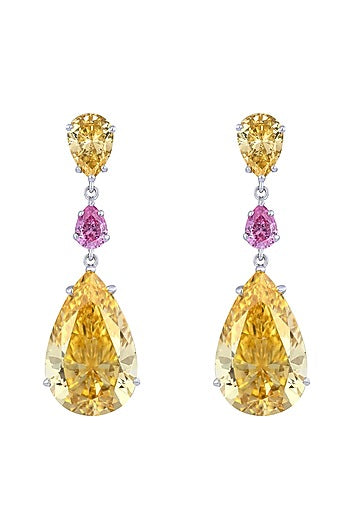 White Finish Yellow & Pink Swarovski Earrings In Sterling Silver