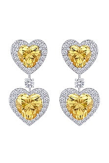 White Finish Yellow Heart Swarovski Chandelier Earrings In Sterling Silver