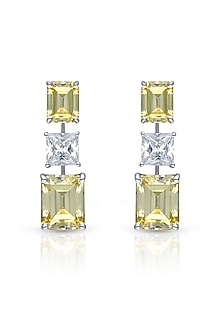 White Finish Emerald-Shaped Yellow & White Swarovski Zirconia Dangler Earrings In Sterling Silver
