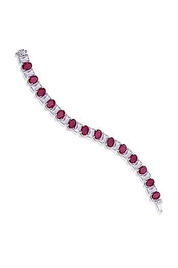 White Finish Red Stones & Swarovski Bracelet In Sterling Silver
