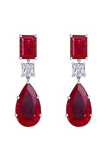 White Finish Red Synthetic Stones Earrings In Sterling Silver