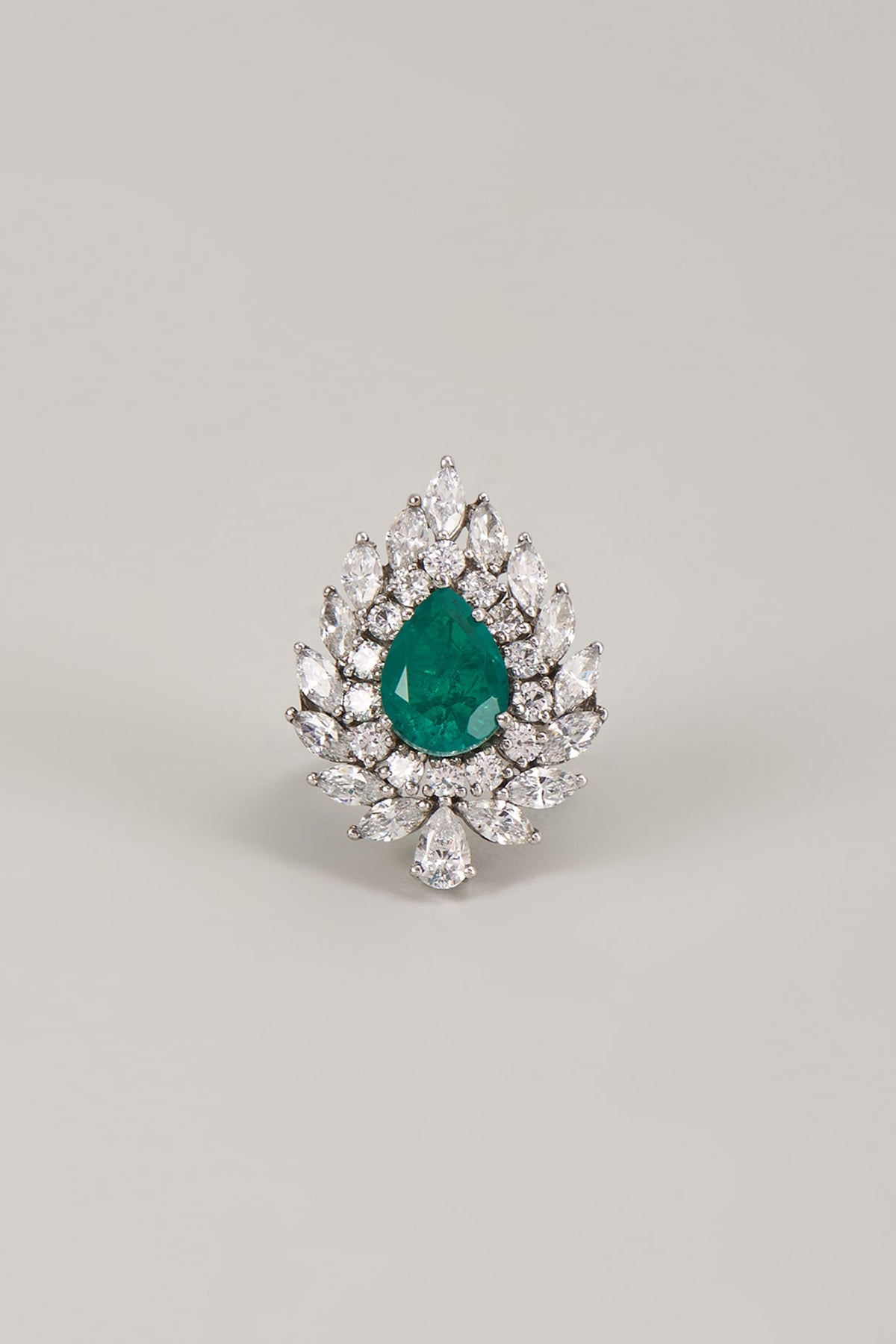 Silver Finish Zircon & Green Stone Ring In Sterling Silver