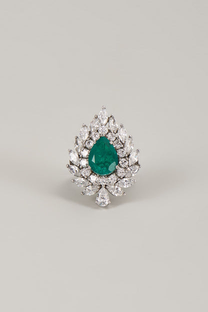 Silver Finish Zircon & Green Stone Ring In Sterling Silver