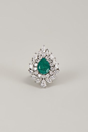 Silver Finish Zircon & Green Stone Ring In Sterling Silver
