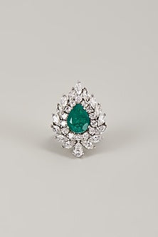 Silver Finish Zircon & Green Stone Ring In Sterling Silver