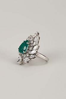 Silver Finish Zircon & Green Stone Ring In Sterling Silver