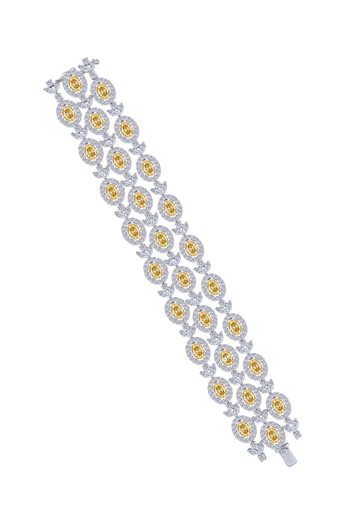 White Finish Yellow & White Swarovski Zirconia Cuff Bracelet In Sterling Silver