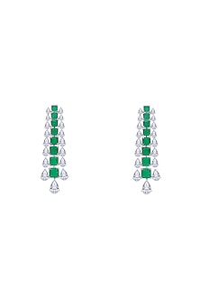 White Finish Emerald Stone & Swarovski Zirconia Dangler Earrings In Sterling Silver