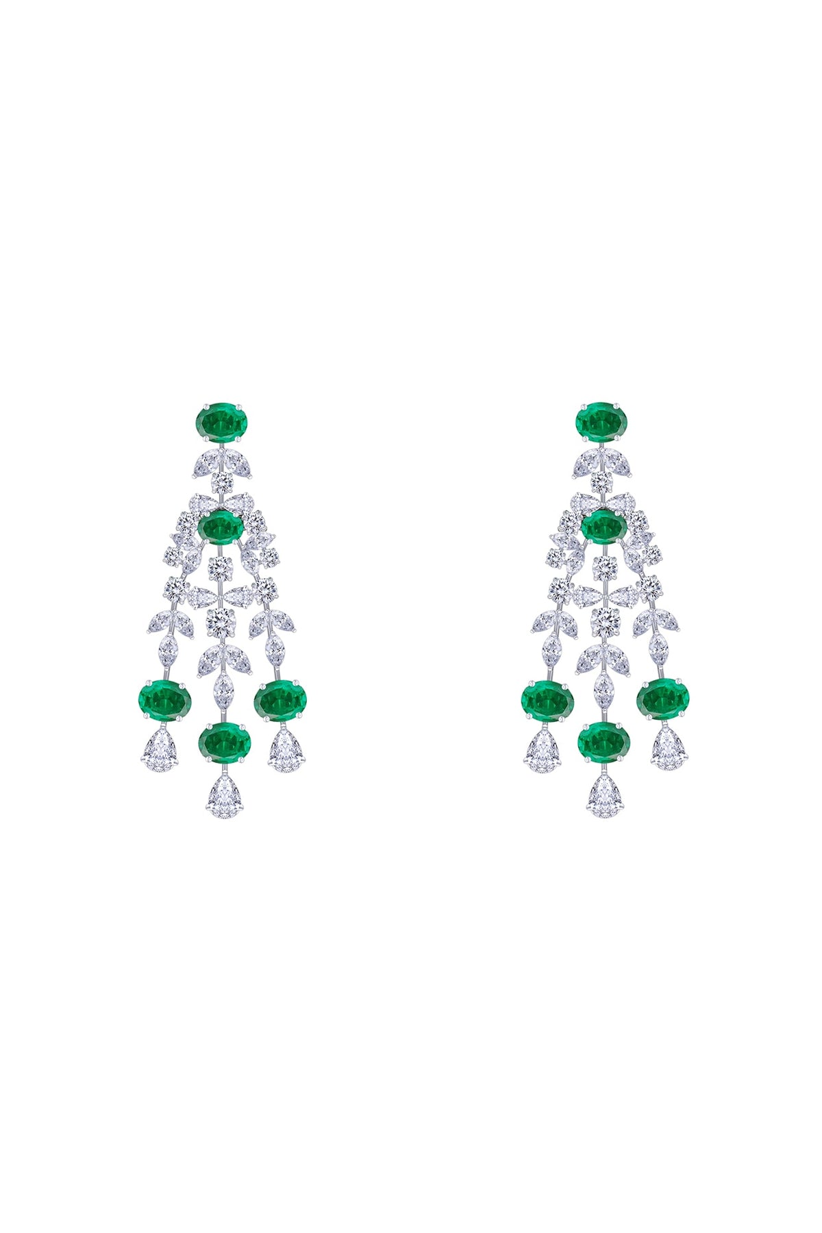 White Finish Emerald Stone & Swarovski Zirconia Chandelier Earrings In Sterling Silver