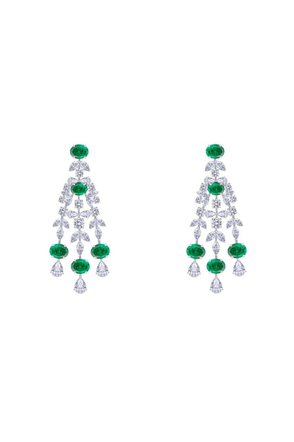 White Finish Emerald Stone & Swarovski Zirconia Chandelier Earrings In Sterling Silver
