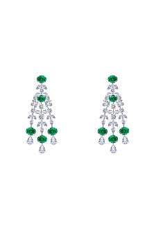 White Finish Emerald Stone & Swarovski Zirconia Chandelier Earrings In Sterling Silver