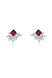 White Finish Ruby Stone & Swarovski Zirconia Stud Earrings In Sterling Silver