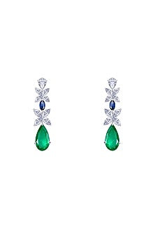 White Finish Emerald Stone & Swarovski Zirconia Dangler Earrings In Sterling Silver