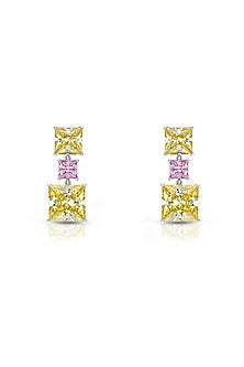 White Finish Pink & Yellow Swarovski Zirconia Dangler Earrings In Sterling Silver