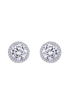 White Finish Round-Shaped Swarovski Zirconia Halo Stud Earrings In Sterling Silver