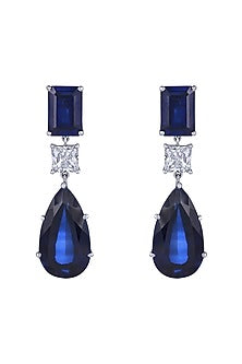 White Finish Sapphire Stone & Swarovski Zirconia Chandeleir Earrings In Sterling Silver
