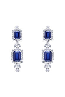 White Finish Sapphire Stone & Swarovski Zirconia Earrings In Sterling Silver