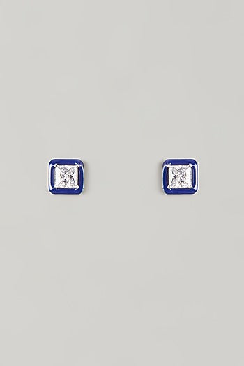 White Finish Blue Stone Stud Earrings In Sterling Silver