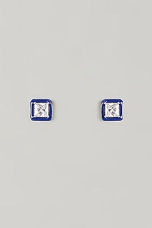 White Finish Blue Stone Stud Earrings In Sterling Silver