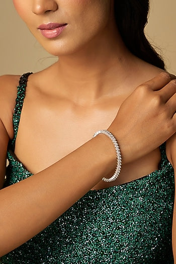 White Finish White Stone Bangle In Sterling Silver
