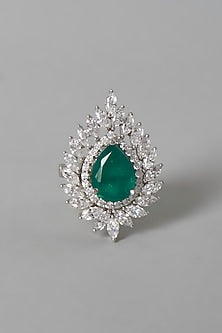 White Finish Green & White Swarovski Zirconia Ring In Sterling Silver