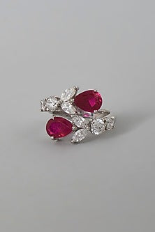 White Finish Red & White Swarovski Zirconia Ring In Sterling Silver