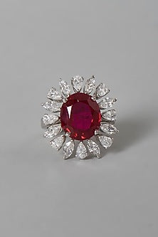 White Finish Red & White Swarovski Zirconia Ring In Sterling Silver