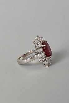 White Finish Red & White Swarovski Zirconia Ring In Sterling Silver