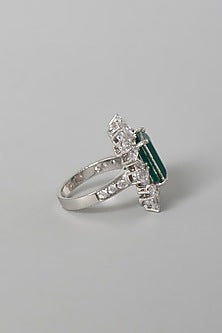 White Finish Green & White Swarovski Zirconia Ring In Sterling Silver