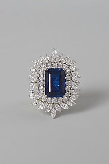 White Finish Blue & White Swarovski Zirconia Ring In Sterling Silver