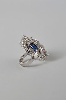 White Finish Blue & White Swarovski Zirconia Ring In Sterling Silver