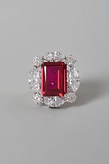 White Finish Red & White Swarovski Zirconia Ring In Sterling Silver