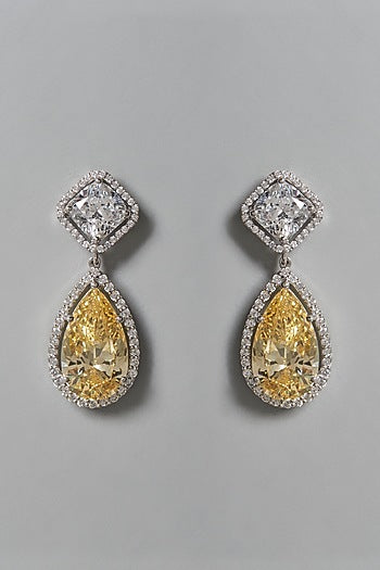 White Finish Yellow & White Swarovski Zirconia Dangler Earrings In Sterling Silver