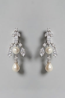 White Finish Pearl & Swarovski Zirconia Dangler Earrings In Sterling Silver
