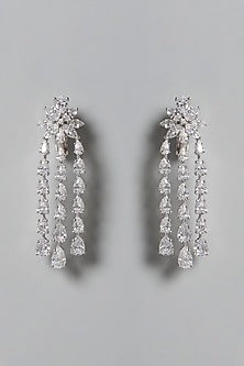 White Finish Swarovski Zirconia Floral Dangler Earrings In Sterling Silver
