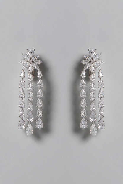 White Finish Swarovski Zirconia Floral Dangler Earrings In Sterling Silver