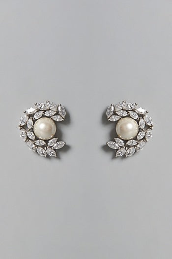 White Finish Pearl & Swarovski Zirconia Stud Earrings In Sterling Silver