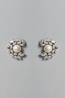 White Finish Pearl & Swarovski Zirconia Stud Earrings In Sterling Silver