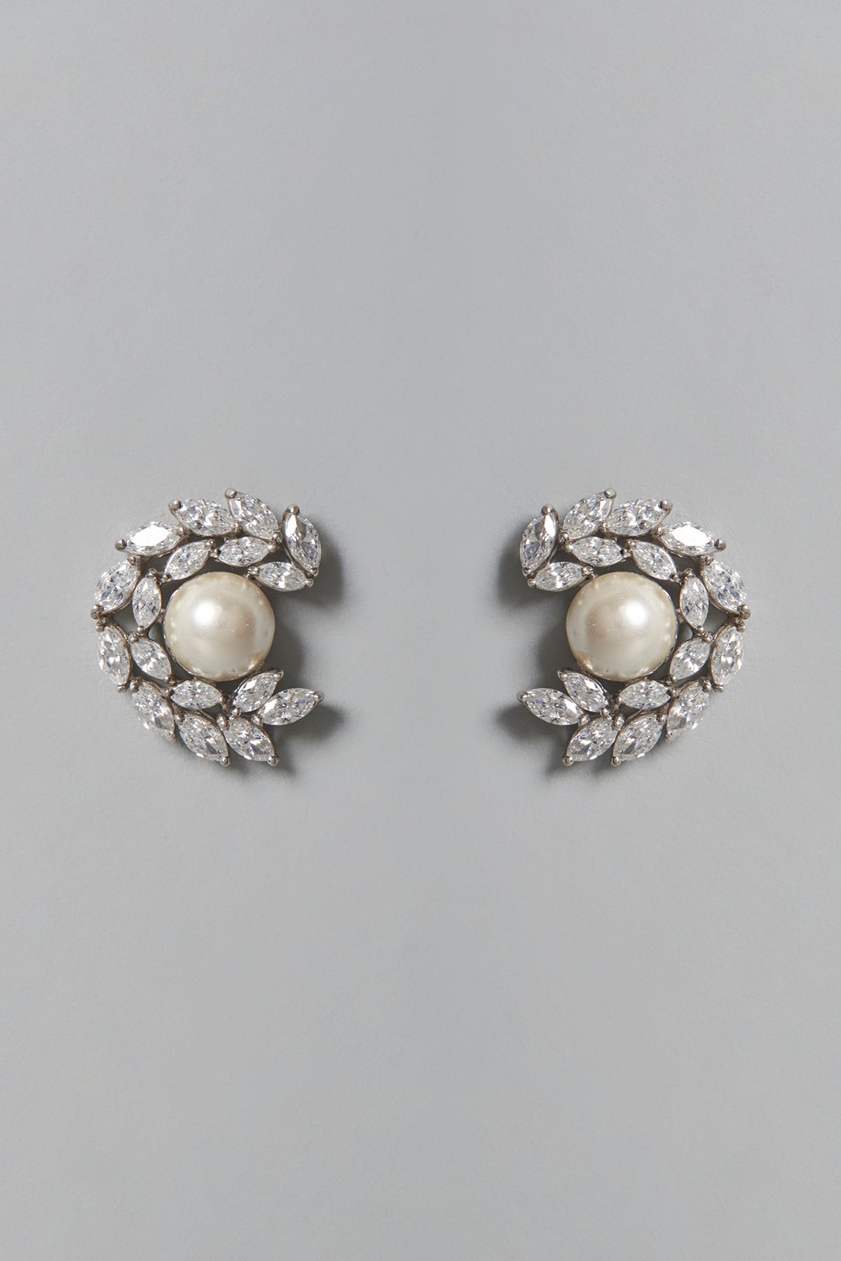 White Finish Pearl & Swarovski Zirconia Stud Earrings In Sterling Silver