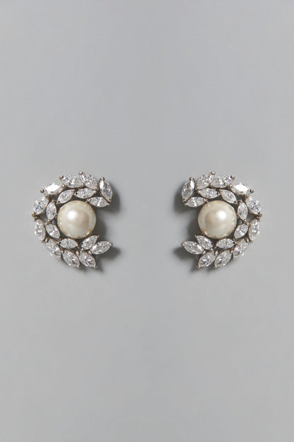 White Finish Pearl & Swarovski Zirconia Stud Earrings In Sterling Silver