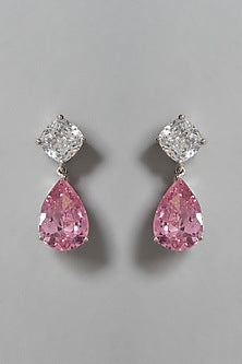 White Finish Pink & White Swarovski Zirconia Dangler Earrings In Sterling Silver