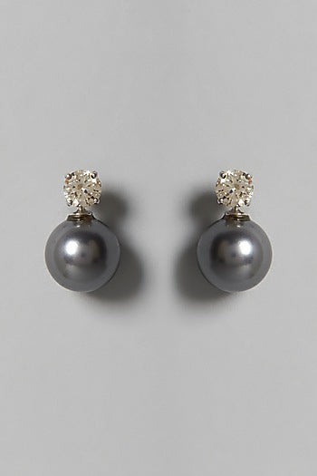 White Finish White Swarovski Zirconia & Black Pearl Dangler Earrings In Sterling Silver