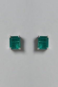 White Finish Green Swarovski Zirconia Stud Earrings In Sterling Silver