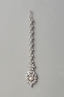 White Finish Swarovski Zirconia & Pearl Maangtikka In Sterling Silver