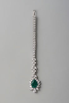 White Finish White & Green Swarovski Zirconia Maangtikka In Sterling Silver