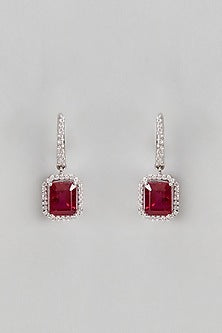 White Finish Red & White Swarovski Hoop Earrings In Sterling Silver