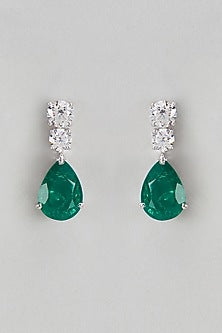White Finish Green & White Swarovski Dangler Earrings In Sterling Silver